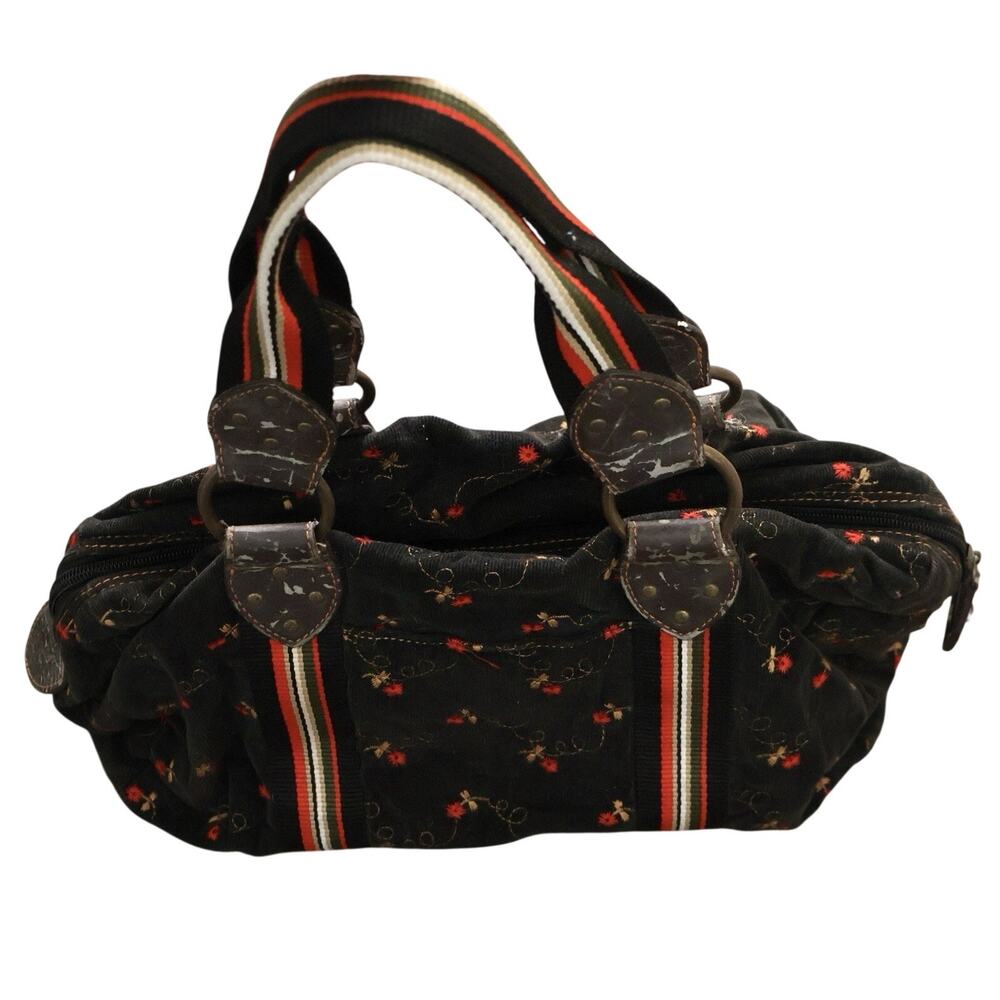 Vintage Black Corduroy Red Floral Top Handle Bag Purse 90s Y2K Boho